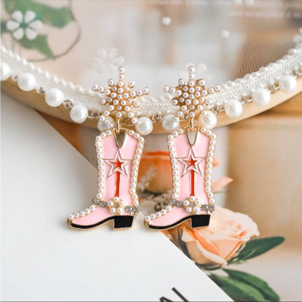 White Pearl Cowboy Boot Earrings, Cowgirl Boot Earrings, Barbie Boot Earrings